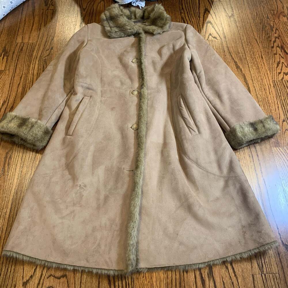 Jones New York Faux Suede Faux Fur Trim Coat Size L